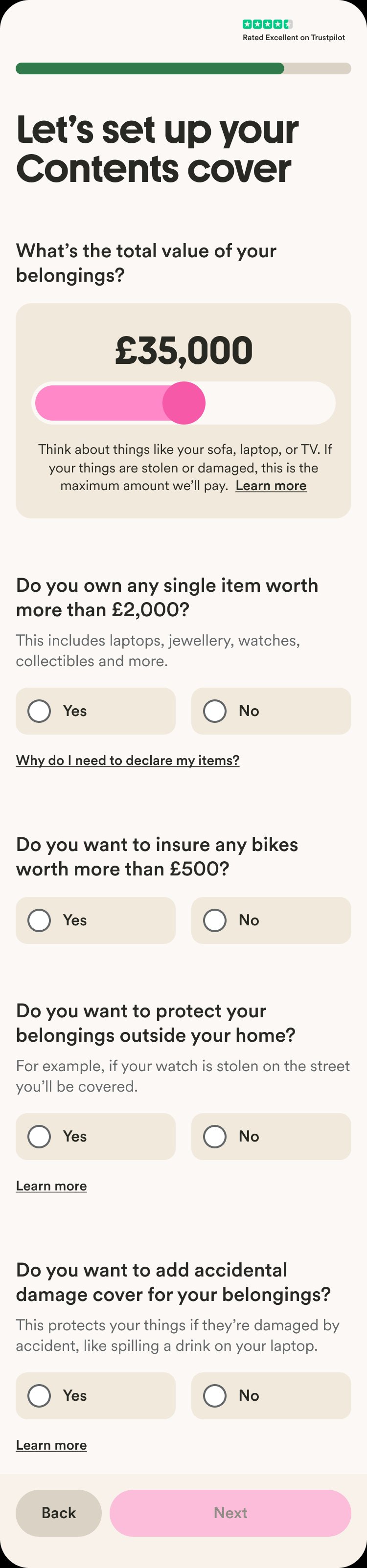 Cover customisation screen with guided yes/no questions
