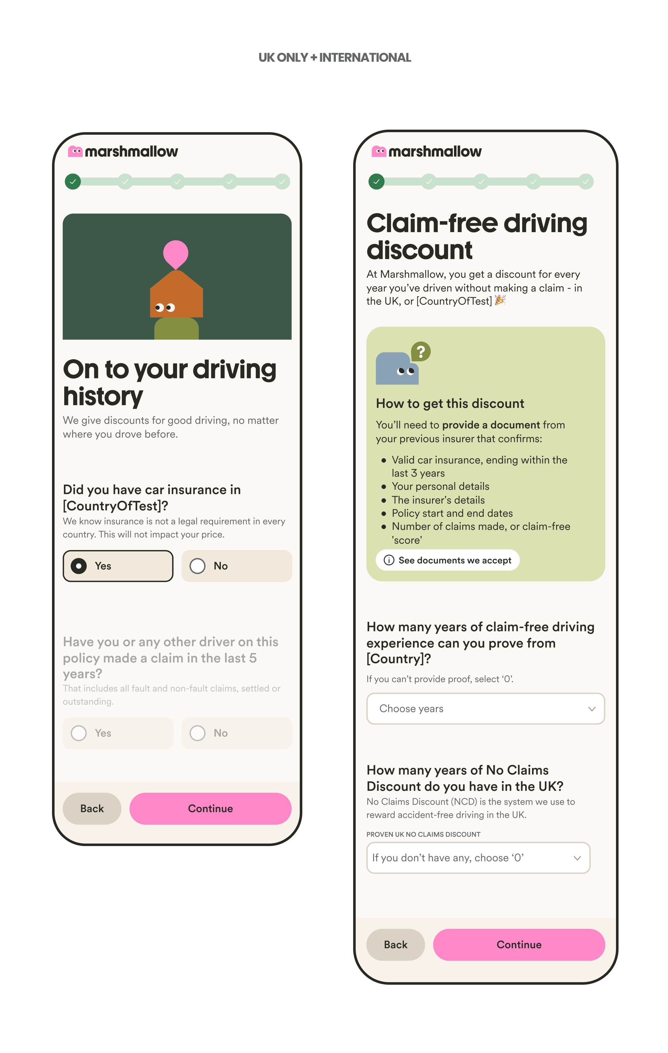 The redesigned UK-only flow — the claim-free driving discount lives on its own dedicated screen, with eligibility requirements brought up front in an inline callout