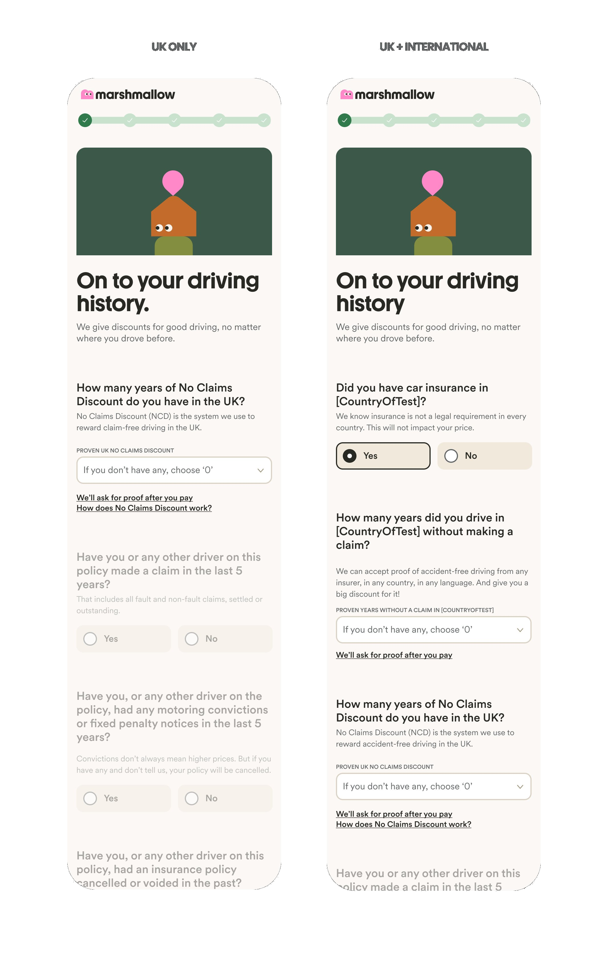 The previous driving history flow shown for both UK-only and UK plus international customers — every question stacked on a single screen, with key eligibility information hidden behind links