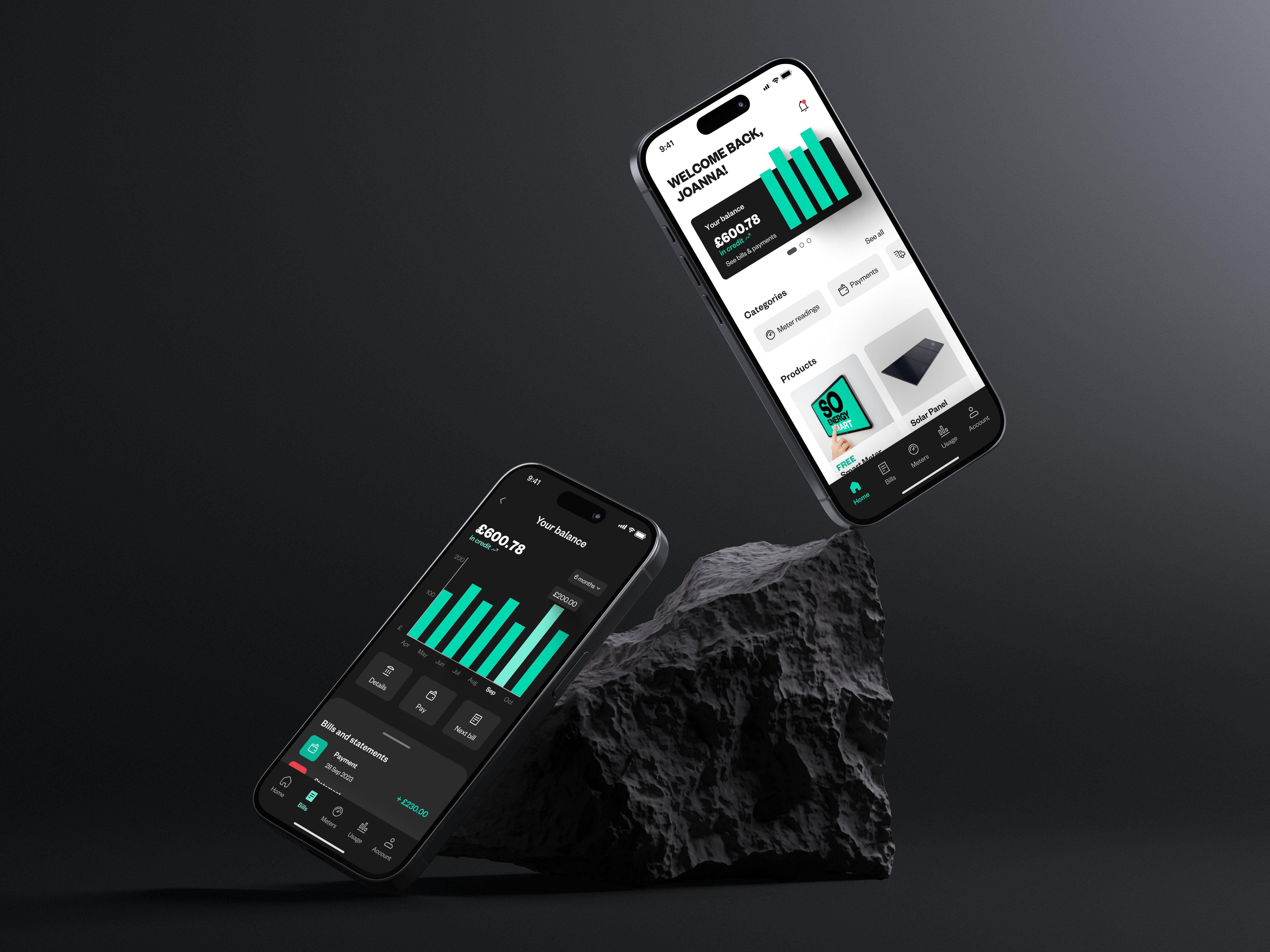 Two phones showing the home screen and balance overview