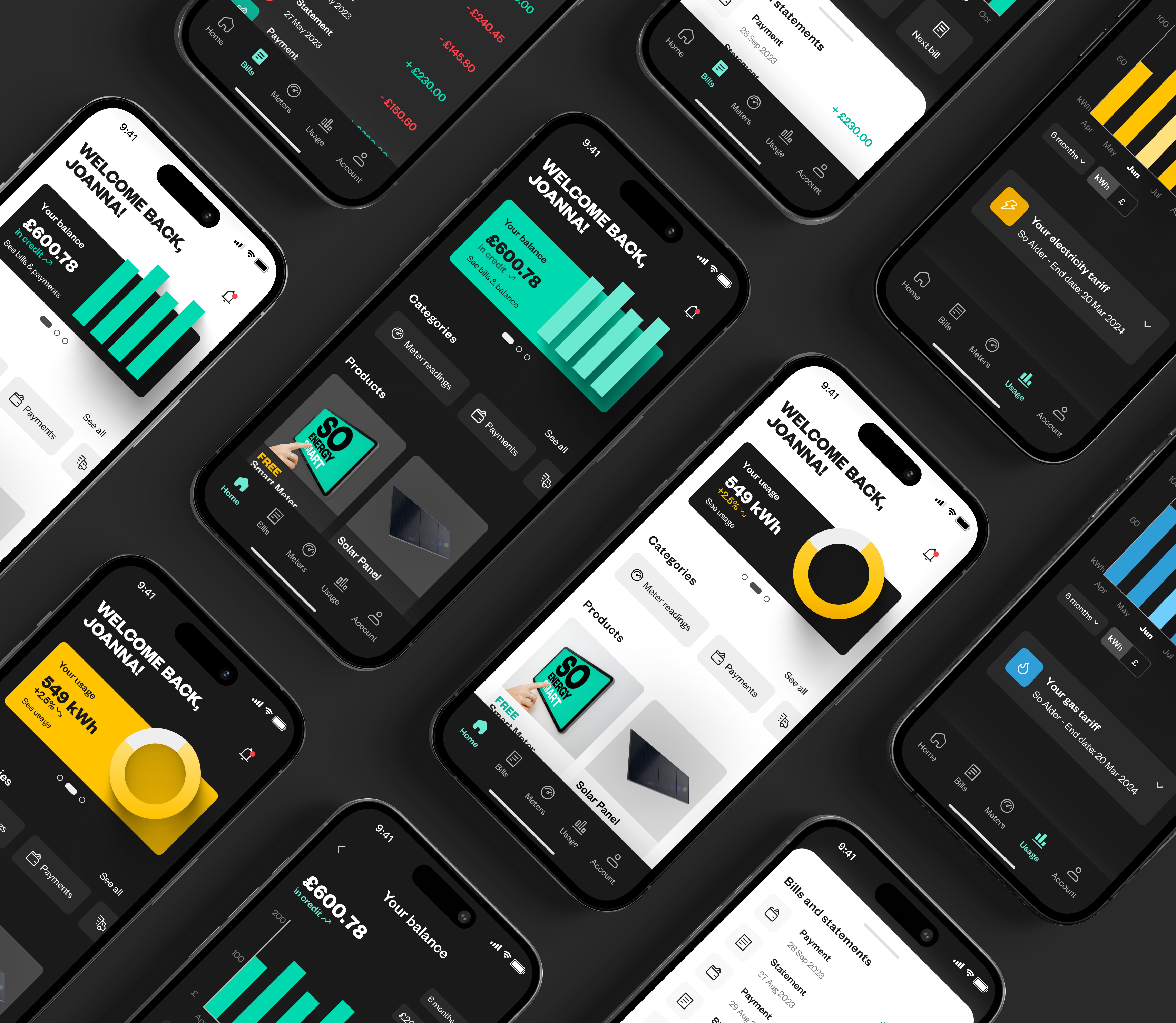 Multi-phone array showcasing the variety of screens across the app