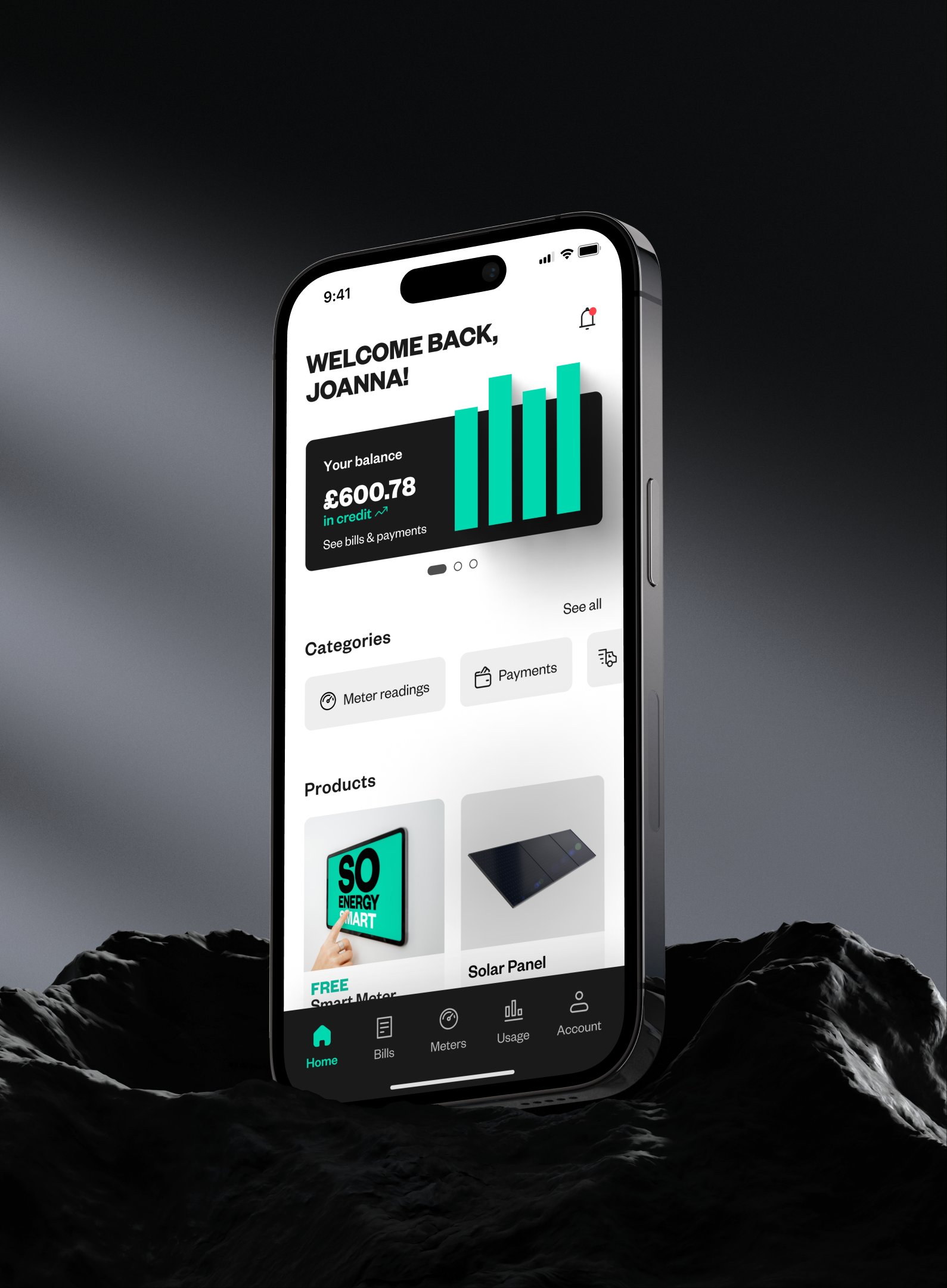 So Energy mobile app — home screen showing balance and energy usage